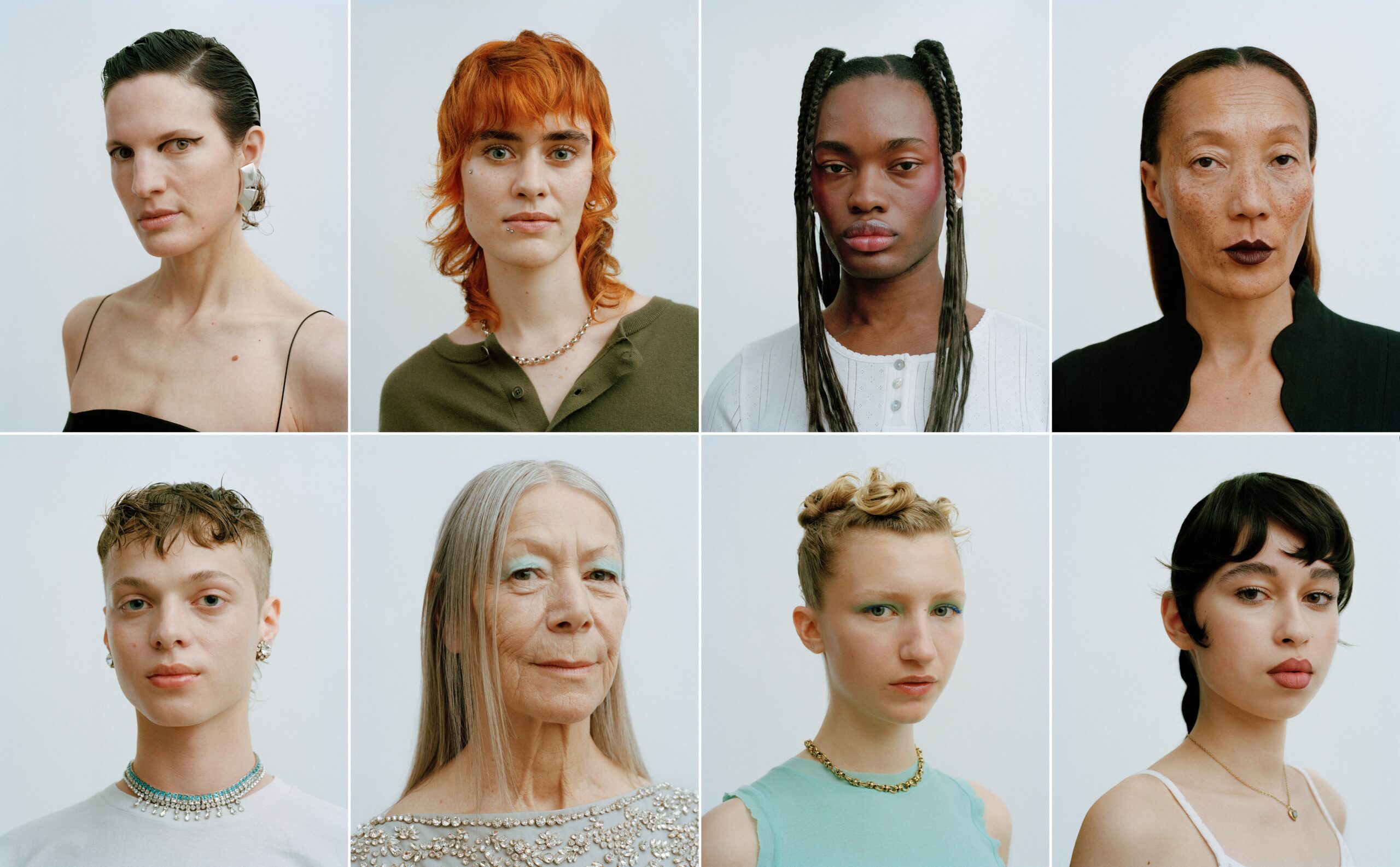 Grid of eight portraits from Super Flattering's 'Raw Beauty' story: Kojolee, Iris, Tosca, Pharell, Jasmina, Claudia, Bèla, and Annina, each looking directly at the camera against a light background.