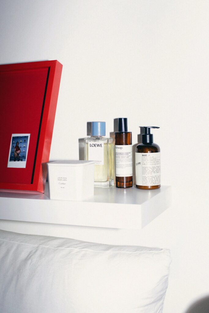 Selection of beauty products photographed as a colourful still life.