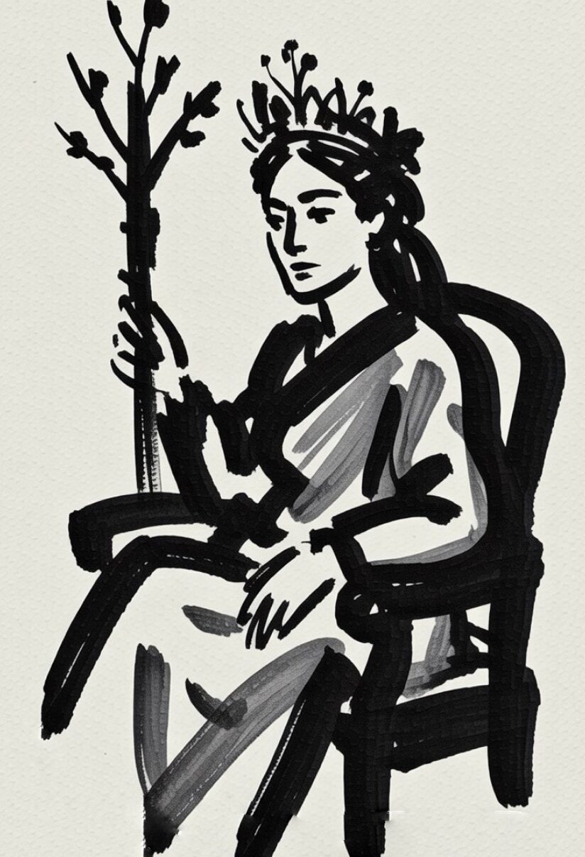 Illustration of the Queen of Swords tarot card, showing a crowned woman seated on a throne and holding an upright sword