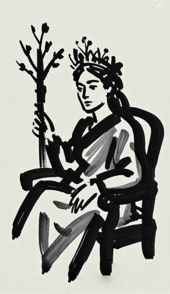Black-and-white illustration of the Queen of Swords holding a sword, symbolising clarity, discernment and moving on from the past.