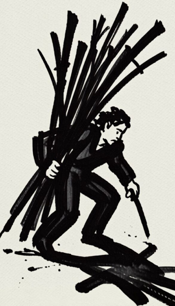 Illustration of the 10 of Wands tarot card, showing a bent-over figure carrying a heavy bundle of wands.