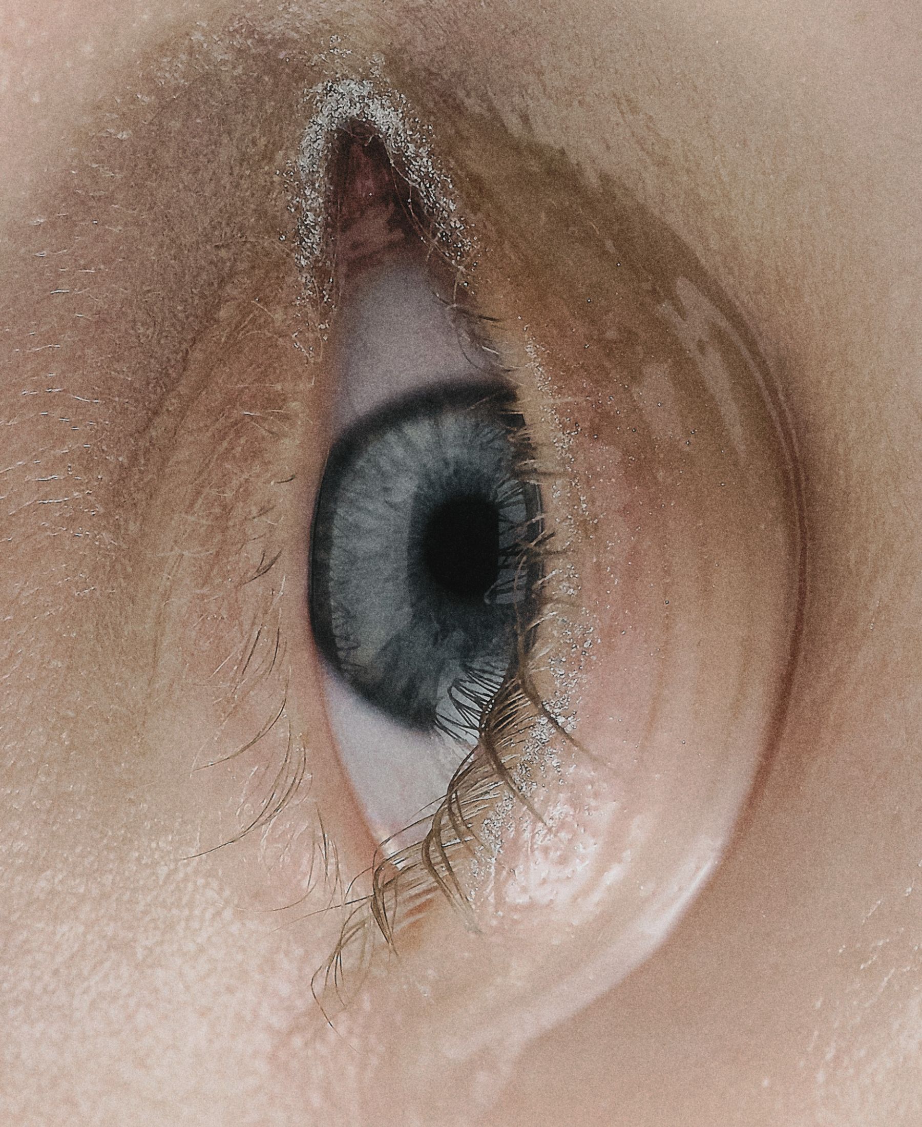 Extreme close-up of Sasha Konograeva’s blue eye, with bare skin, fine lashes and traces of pale shimmer around the lid.