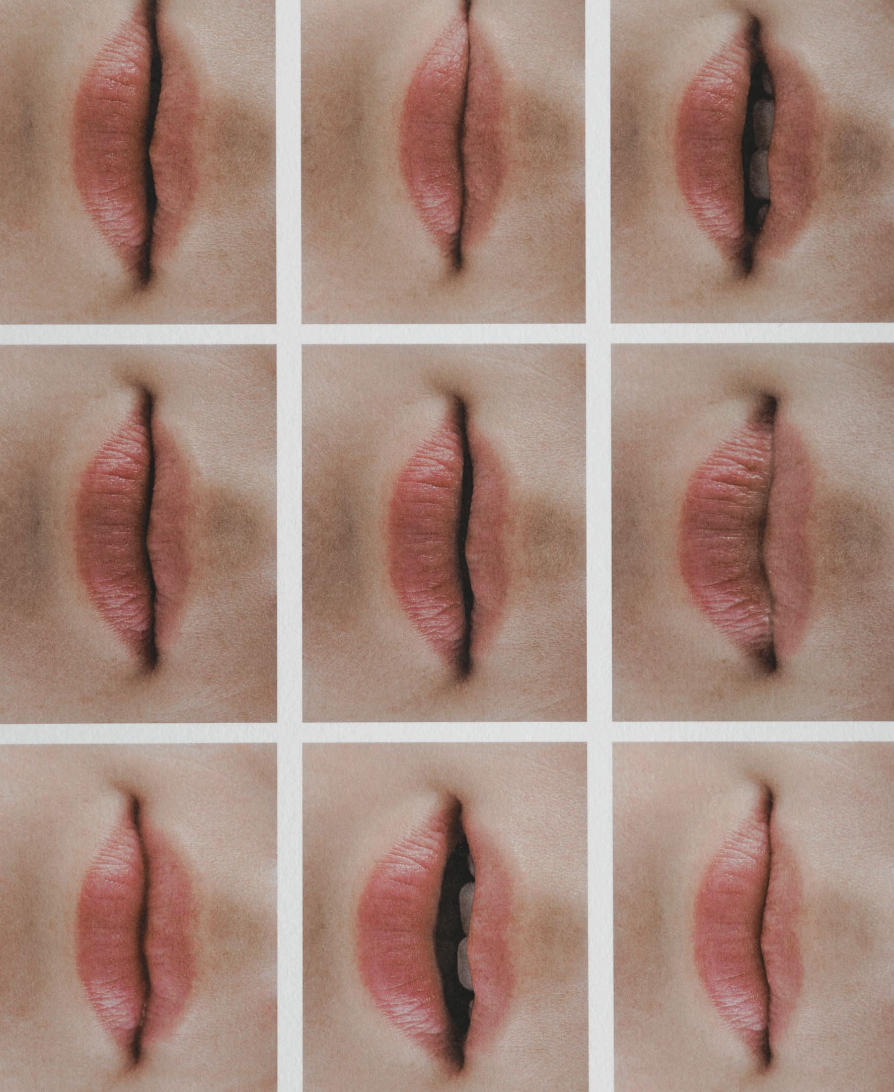 Nine close studies of Sasha Konograeva’s lips, arranged in a grid of subtle shifts in expression.