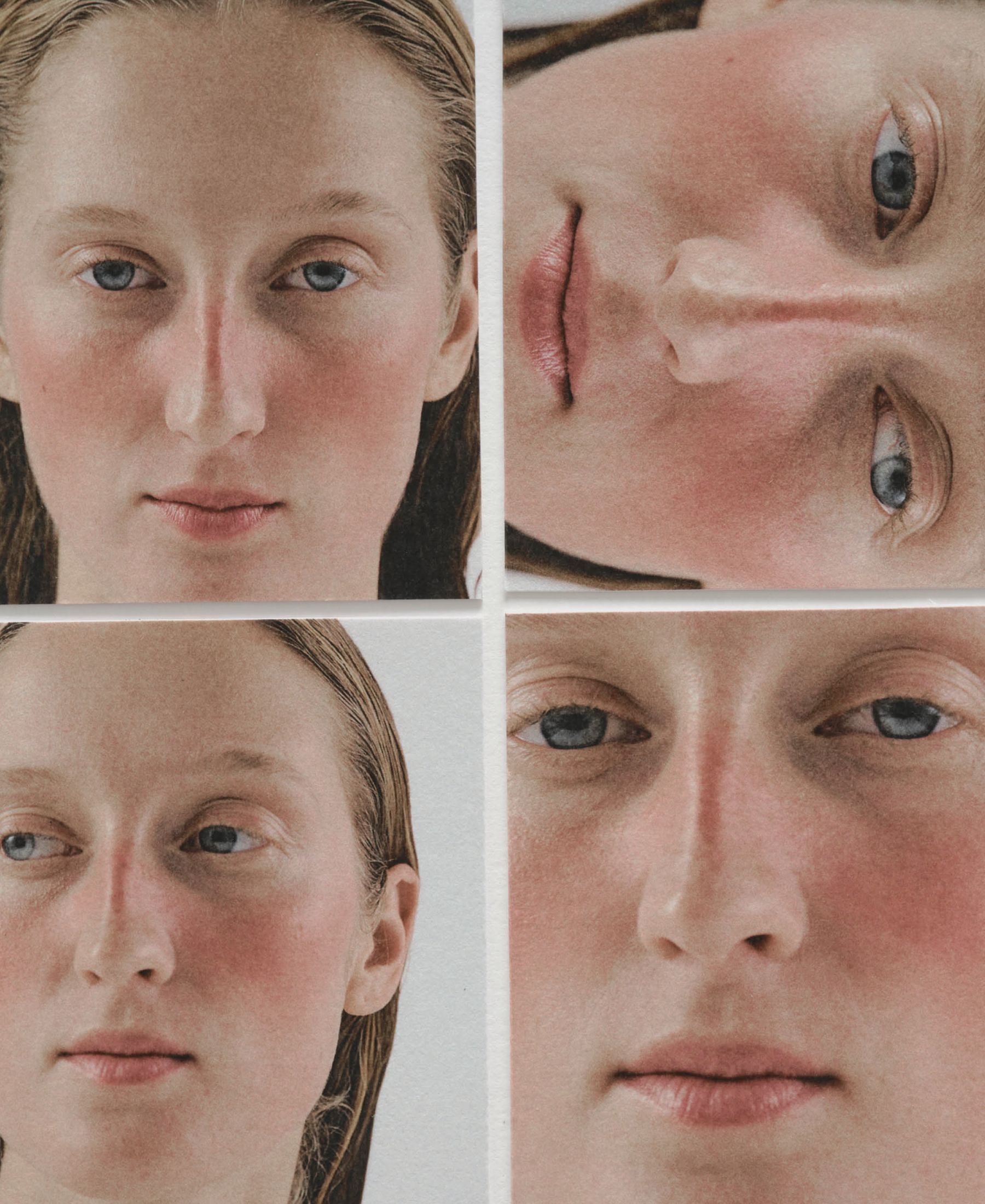 Four close portraits of Sasha Konograeva arranged as a grid, tracing subtle changes in gaze, angle and expression.